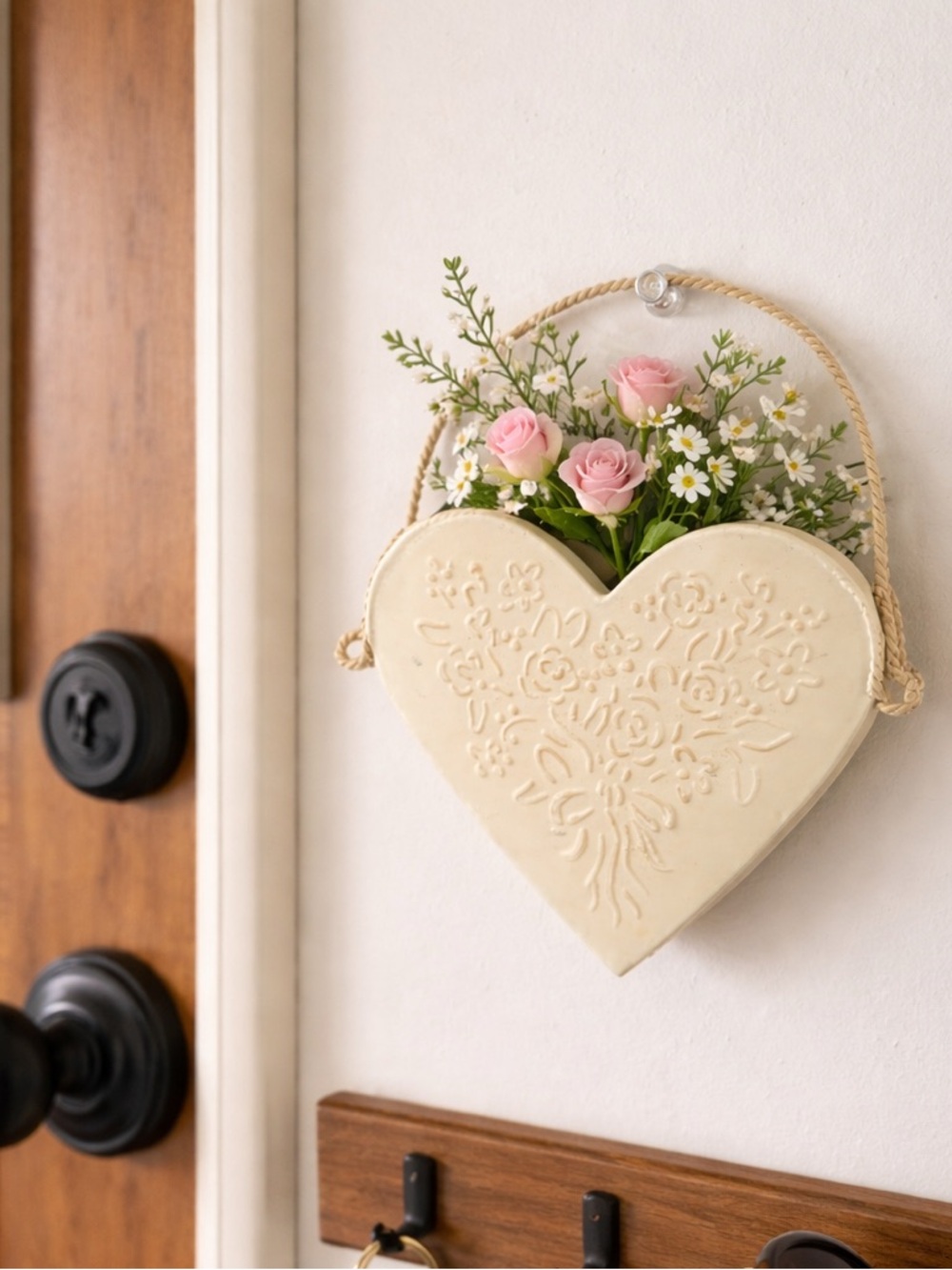 Vintage Cream Embossed Heart Wall Hanging
